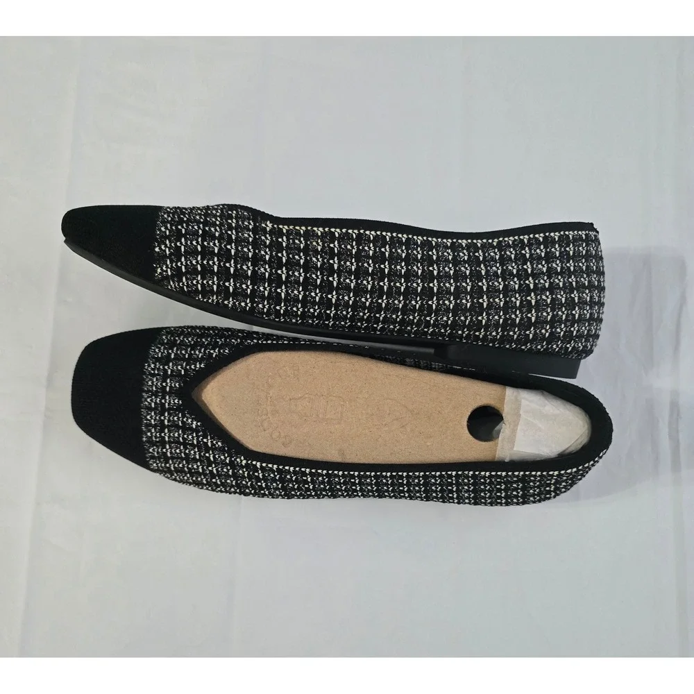 Vivaia Margot Square Toe V-Cut Tweed Knit Flats Black White EU 43W USA 11.5Wide